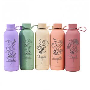 <b>Personalized</b> Tumbler with Engraved Birth Month Flower & Name, 17 oz Insulated Stainless Steel <b>Water</b> <b>Bottle</b> - Product Image 1