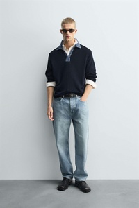 <span class=keywords><strong>Pull</strong></span> en maille mélangée pour homme, col polo en denim <span class=keywords><strong>bleu</strong></span> <span class=keywords><strong>marine</strong></span>, avec col Johnny en véritable denim et patte de boutonnage Henley, coupe <span class=keywords><strong>oversize</strong></span> - Product Image 6
