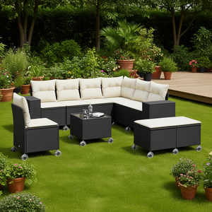 Ensemble de canapés de patio à pieds réglables, 8 places, en rotin, mobilier de jardin, style contemporain, noir - Product Image 2