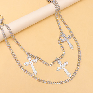 yuelyueli <b>Cross</b> Pants Chain Tibetan <b>Silver</b> Double <b>Ring</b> Unisex Hip Hop Waist Chain Daily Wear Accessory - Product Image 3