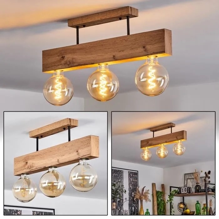 Wooden Ceiling Lamp Metal Base with Three E26 Bulbs Surface Mount Home Lighting for Hallway Living Room Luxury Furnishings