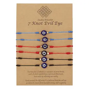 Pulseiras artesanais de 6 peças, de cartão, vermelho, azul, preto, 7 nó, encantos, conjunto de pulseiras para os olhos, para homens, mulheres e bebês