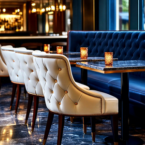 Projet hôtelier Ron Group, mobilier de luxe pour hôtel et restaurant, table carrée en marbre, chaise capitonnée en cuir, banquette en velours - Product Image 1