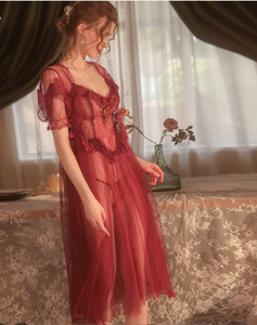 Camicia da notte rossa dolce principessa a rete in pizzo floreale trasparente con scollo a v aperto vestaglia lungo lungo lungo lungo lungo - Product Image 5