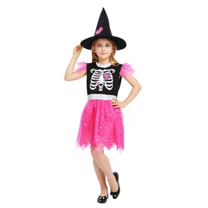 Halloween Crianças Cosplay Festa Bruxa Traje Meninas Bonitos Bruxa Traje Vestido Rosa com Chapéu