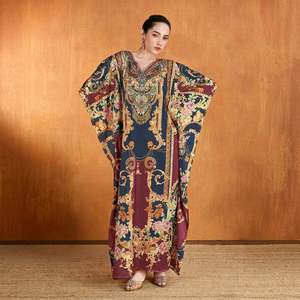 High Quality Designer Turkish Style <b>Kaftan</b> Women Polyester Handmade Batwing Sleeves V Neck Regular Fit Flared Hem Midi Eid - Product Image 1