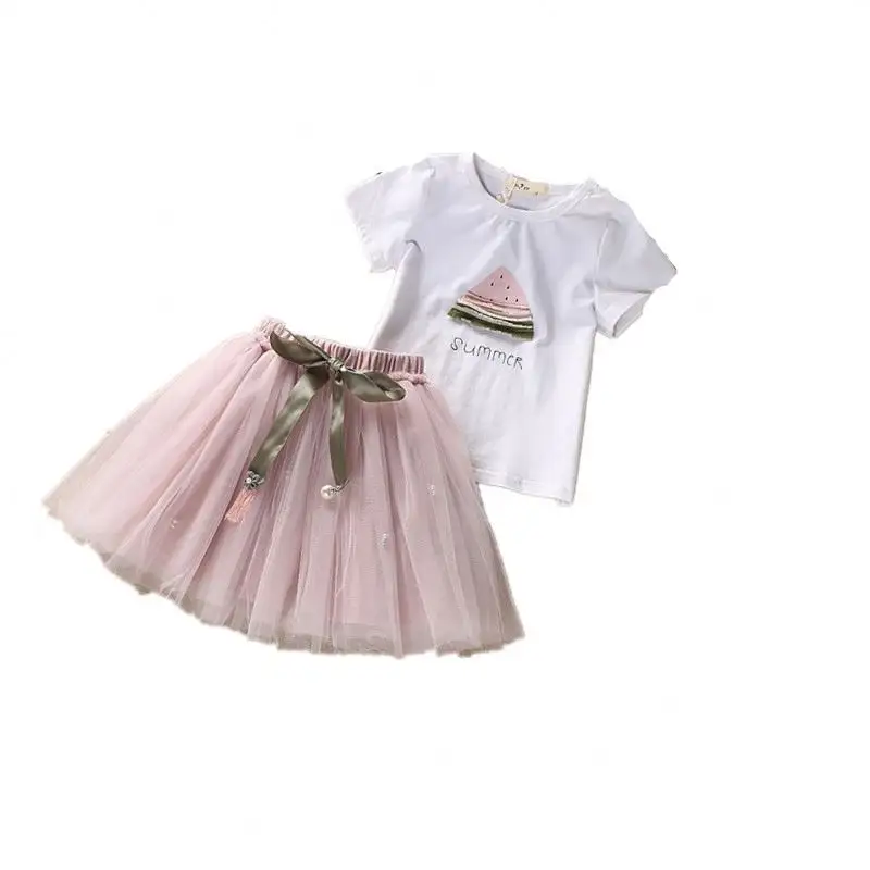 Girls' Summer Skirt Set Boutique Clothes ChildrenのShort長袖T-shirt Tulle/Gauze Lovely Skirt