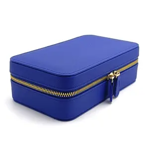 Caja de almacenamiento portátil personalizada para pendientes y collar, organizador de maquillaje azul para joyería, joyero cosmético
