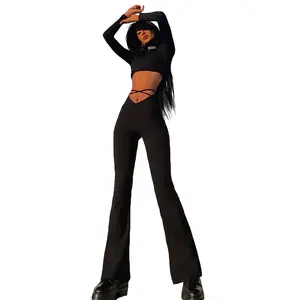 2021 Flare Pants Girl Style Sexy Stretch hose Frauen Schnüren V Taille Low Rise Harajuku Black Pants