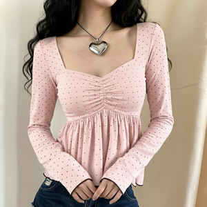 Top de manga larga con estampado de lunares y busto plisado, estilo dulce y femenino, top holgado en línea A, rejuvenecedor y versátil - Product Image 2