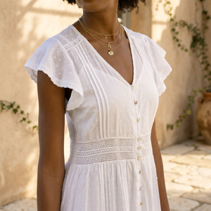 <b>White</b> V-Neck Cap Sleeve <b>Maxi</b> Woven Breathable Button Front A-Line Boho Casual Eco-Friendly Organic Cotton Modest Summer Dress - Product Image 2