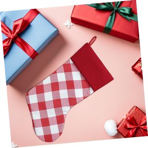 Factory Hot Selling Classic Plaid Hanging Xmas Sock Set Large Gingham Canvas Christmas Socks With Custom Pompom Drawstring - Product Image 3