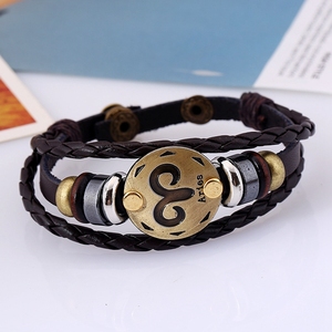 Punk Style Antique Plaqué Or Charme Astrologie Tressé Corde En Cuir Hommes 12 Signe <span class=keywords><strong>Du</strong></span> Zodiaque Bracelet Bijoux - Product Image 3