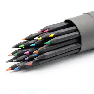 Yüksek kalite siyah ahşap malzeme altıgen renkli kalem seti tüp kutusu ile özel 12 renk kalem 24 36 kalem seti renk