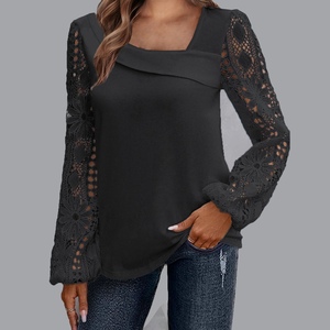 Camisa Holgada de Manga Larga con Paneles de Encaje y Escote Asimétrico para Mujer, Top de Moda - Product Image 2