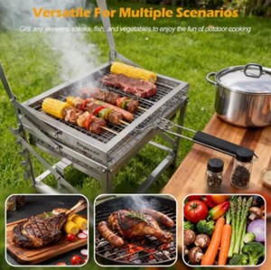 Barbecue portable multifonction rotatif en acier inoxydable pour l'extérieur, avec pieds réglables en hauteur et aération pour pique-nique - Product Image 1