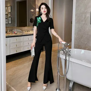 Setelan Blus Lipit Leher V 2 Potong, Setelan Celana Kaki Lebar, Blus Elegan Wanita dan Celana Panjang Suar 5694