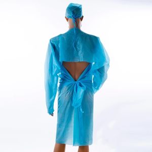 Tablier en plastique imperméable bleu clair à ouverture arrière en polyéthylène robe <span class=keywords><strong>CPE</strong></span> jetable médicale - Product Image 4