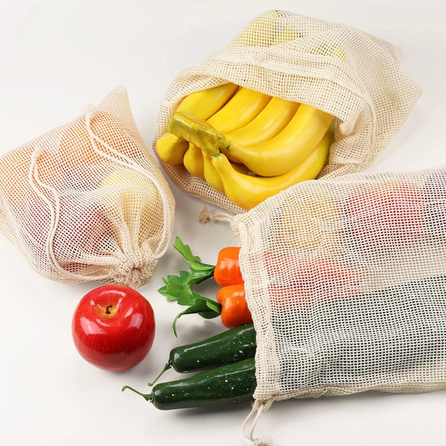 Wholesale Vegetable Fruit Packaging Grocery Bag High Quality Recyclable Reusable Cotton Fabric Storage Mesh Bag Drawstring