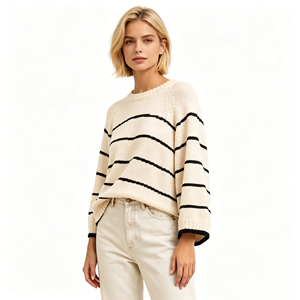 2026 New Arrival Striped Oversized Knit <strong>Sweater</strong>, <strong>Women's</strong> <strong>Beige</strong> Black Crew Neck Long Sleeve Pullover, Knitwear - Product Image 2