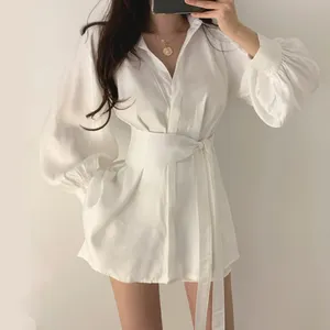 Wholesale Women Long Shirts with Belt Solid Color Puff Long Sleeve French Lapel V-neck Loose Button Lady Tops Casual Shirt