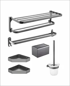 Hotel modern wall mounted 6 pieces stainless steel matte black toilet bathroom accessories set