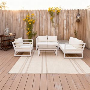 Ensemble de conversation extérieur moderne 5 pièces avec coussins personnalisables, structure robuste et deux tables supérieures pour patio et jardin - Product Image 1