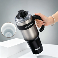 Gobelet isotherme en acier inoxydable de 40 oz avec revêtement céramique, double paroi sous vide, avec poignée et couvercle à paille, compatible porte-gobelet de voiture