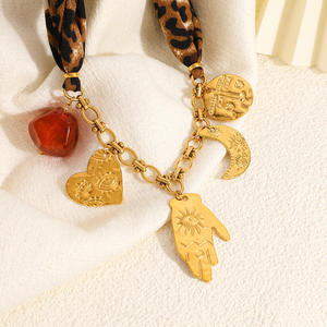 Collar de Moda con Colgante de Corazón, <span class=keywords><strong>Luna</strong></span> y Palma en Acero Inoxidable Chapado en Oro de 18k, Cadena con Eslabones y Pañuelo con Estampado de Leopardo N588 - Product Image 4