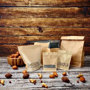 Özelleştirilebilir Kraft kağıt pencere çantası kendinden destekli ve dayanıklı gıda ambalajı düşük MOQ için çeşitli boyutlarda mevcuttur