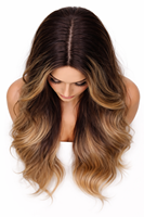 Perruque en cheveux humains avec mèches blondes et brunes, 13x4, lace frontale, ondulée, pré-épilée, sans colle