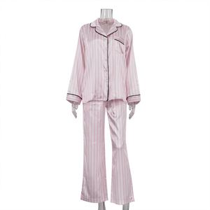 Blusa y pantalones a rayas <span class=keywords><strong>rosas</strong></span> 2025 personalizados, ropa de salón, conjunto de dos piezas para mujer, pijamas de satén, conjunto de pijamas para mujer - Product Image 4