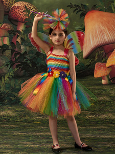 Crianças Dança Performance Stage Costume Natal Meninas Festa Carnaval Vestuário Com Asas Rainbow Tutu Vestido para Crianças - Product Image 5
