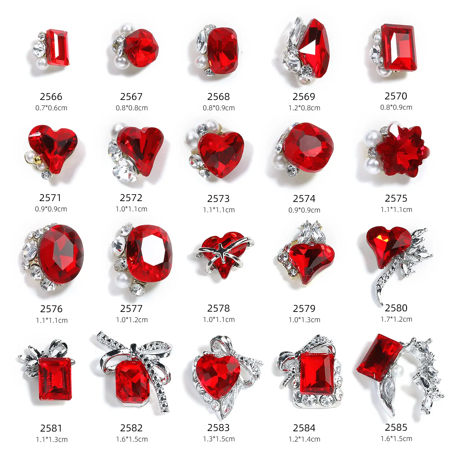 नया लाल प्यार दिल नाखून नाखून नए साल क्रिस्टल 3 डी नाखून कला गैंडा सजावट