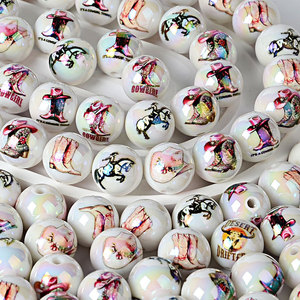 16mm Acrylic Printed Mixed Color Fashionable Women's Western Cowboy-Style Round <b>Bead</b> DIY Phone Stringing Pen Accessory Holes - Product Image 4