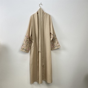 Latest Popular Linen Material Muslim Ladies Flower Embroidery With Pockets Open Abaya 3 Colors 1407# - Product Image 4