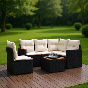 Ensemble de canapé de jardin réglable 6 pièces en rotin PE noir, mobilier d'extérieur moderne avec coussins pour terrasse - Product Image 2