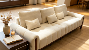 Modern Three Seat <b>Sofa</b> Upholstered Fabric Cushion Back Wooden <b>Legs</b> Rolled Arms Midcentury Living Room Couch - Product Image 3