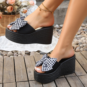 Mules compensées pour femmes, version coréenne, avec nœud papillon et fleur, talons hauts rehaussants, chaussures tendance M17 - Product Image 5
