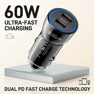 60W PD 3.0 Car Charger Dual Port USB Type C Fast Charging Adapter for Mobile Phone <b>Game</b> Player <b>Smart</b> Watch - Product Image 2