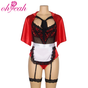 Nouveau Body Femme Lingerie Fantaisie Coquette Miss Rouge Sexy Costume Cosplay avec <span class=keywords><strong>Tablier</strong></span> à Bordure en Dentelle et Cape à Capuche - Product Image 4