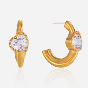 Pendientes Huggie en Forma de Corazón con Zirconia en Forma de C, Engaste de Bisel de Acero Inoxidable para Mujer, Joyería de Moda - Product Image 1