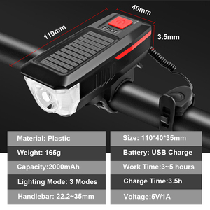 USB có thu phí 350 lumen dẫn xe đạp ánh sáng năng lượng mặt trời Powered đèn đi xe đạp với không thấm nước phía trước đèn pha ngọn đuốc và chuông chuông - Product Image 3