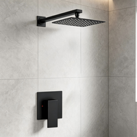 Système de douche encastré monofonction noir mat - Pommeau de douche carré effet pluie avec bras mural, mitigeur monocommande pour