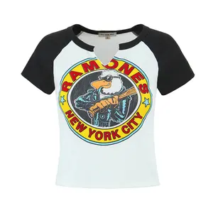 T-shirt vintage moda casual con scollo a V manica corta in bianco e nero con stampa frontale per donna