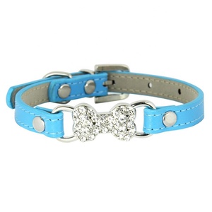 Kerah polos hewan peliharaan kulit PU berlian imitasi bentuk tulang Bling berkilau mewah dengan pola Solid kerah kucing anjing kecil dengan gesper - Product Image 5