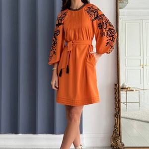 ชุดเดรสผ้าฝ้ายลินินทรงเอ สไตล์ลำลอง คอโอ แขนยาว ความยาวปานกลาง เหมาะสำหรับวันหยุดฤดูร้อนสำหรับผู้หญิง  ปรับแต่งได้ตามต้องการ - Product Image 1