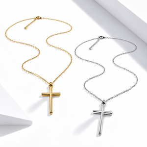 Collier avec pendentif croix en acier inoxydable plaqué or 14 carats sous vide, couleurs or et argent, 450 mm + 60 mm, 4,7 g - Product Image 1