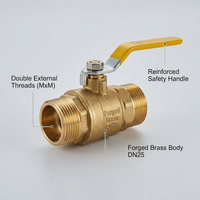 Robinet à bille en laiton forgé, fileté mâle, avec écrou d'union et raccord de sortie, levier jaune pour système de chauffage de l'eau