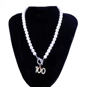 New Sorority Pearl Necklace Chains Year Number 100 Figure Necklaces With Luxury Gold Plated Rhinestone Beaded Pendant